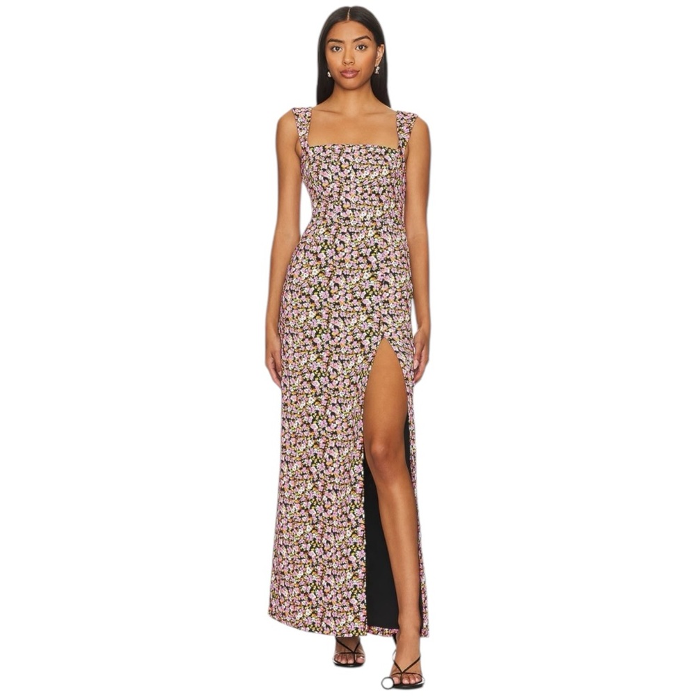 LPA Fiorella Floral Square Neck Sleeveless Maxi Dress Black Multicolor